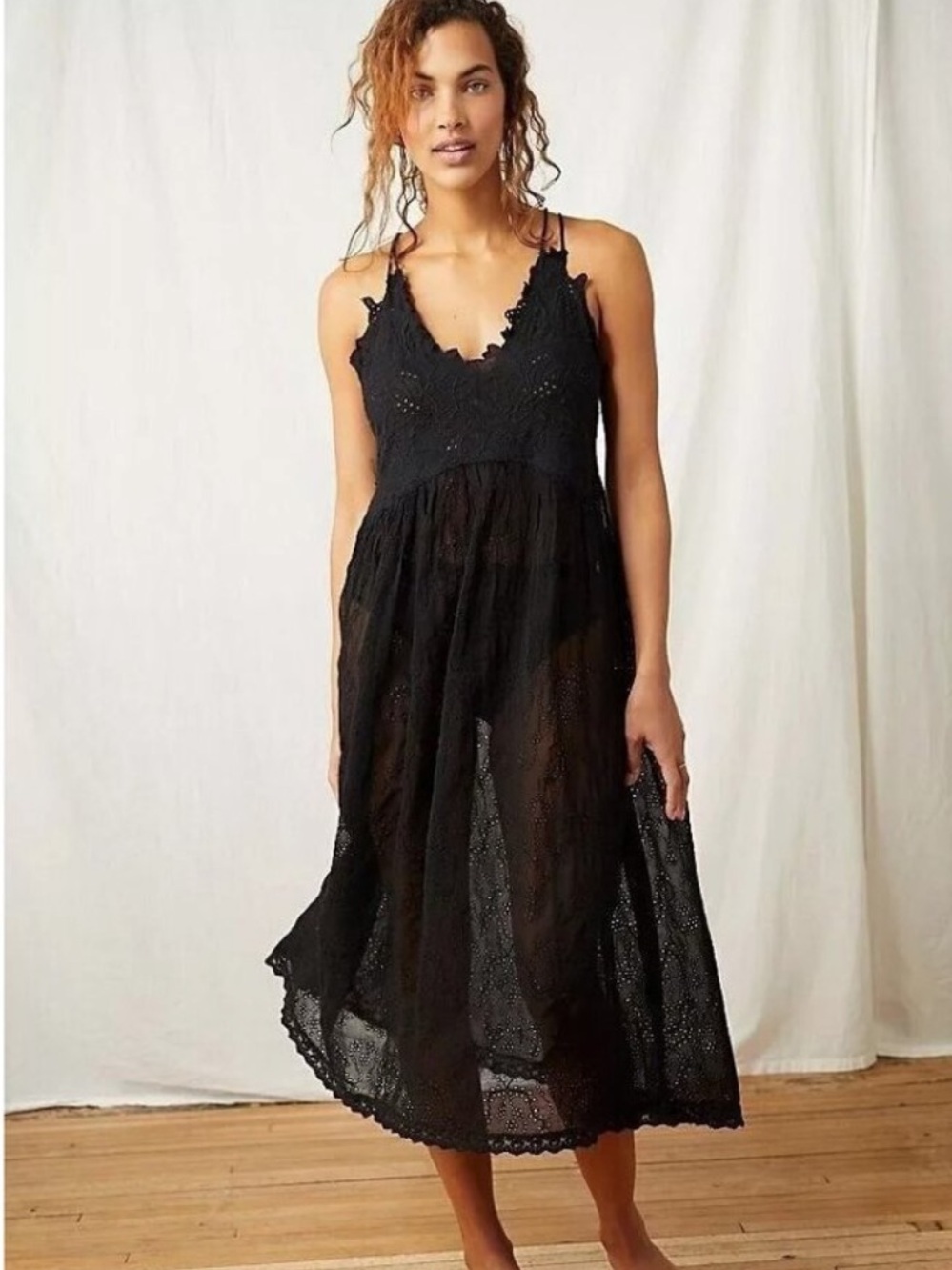 Free People Black Lace Midi Slip Dress